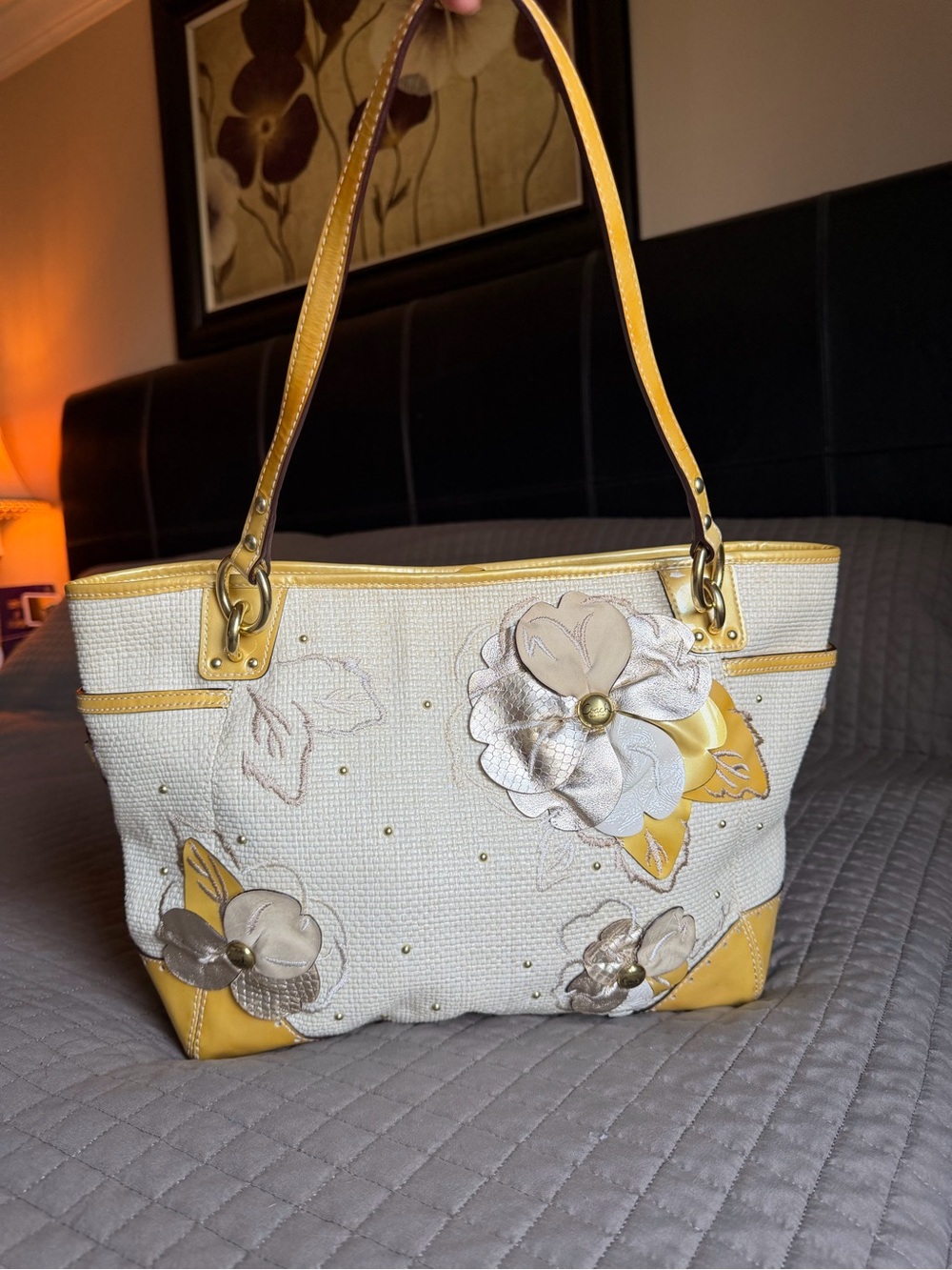 Coach Hampton Floral Appliqué Straw Tote • Retired • Rare • Yellow Leather•Y2K